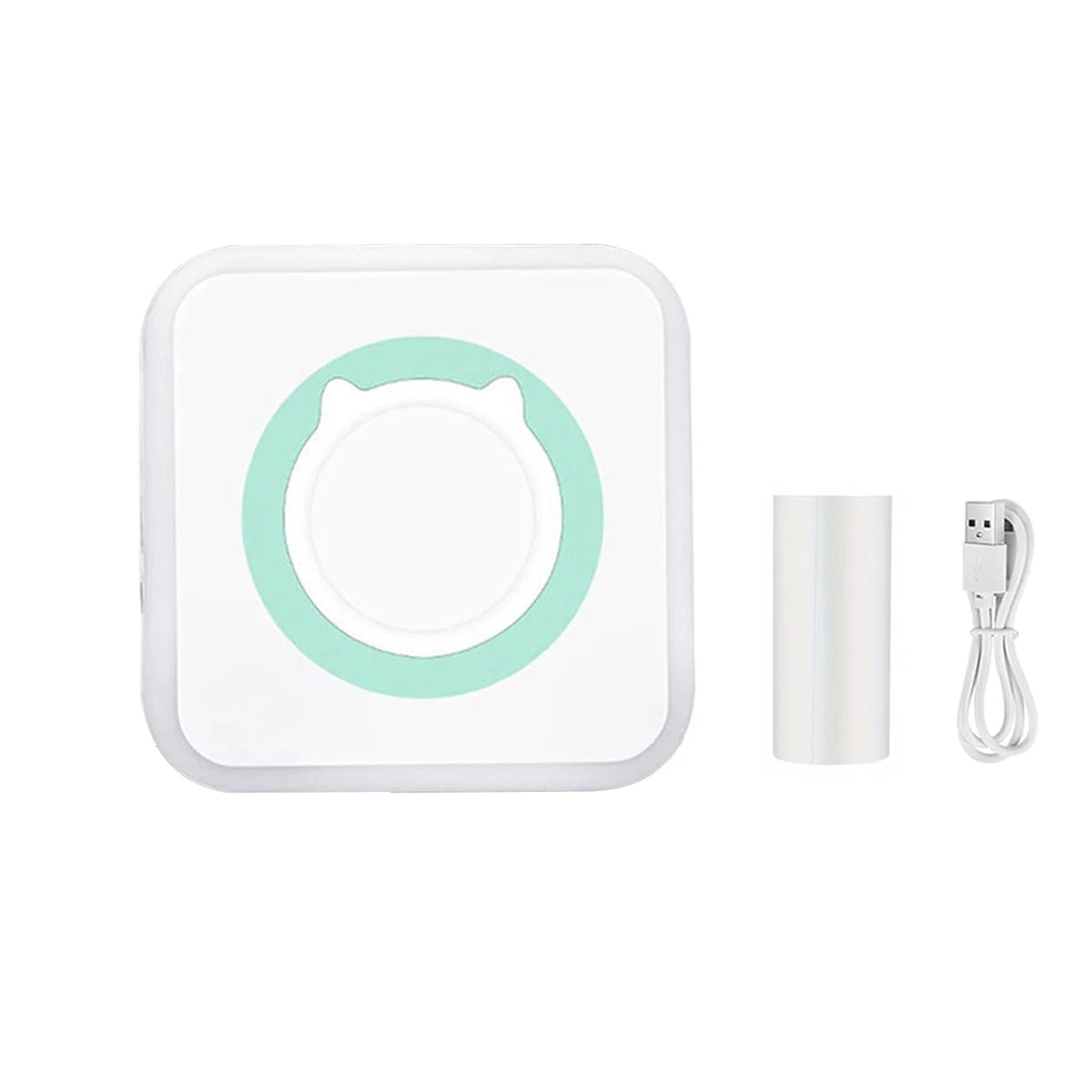 White portable mini printer with a Green circular cat-face design on the front; loads paper from the back and prints photos, notes, and labels directly from a phone via Bluetooth — no ink needed