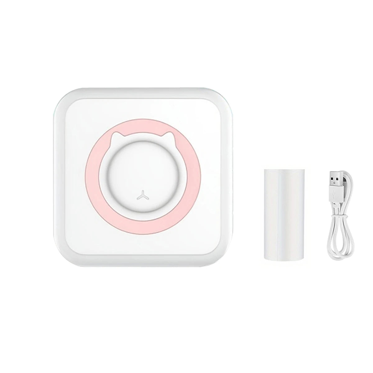 White portable mini printer with a pink circular cat-face design on the front; loads paper from the back and prints photos, notes, and labels directly from a phone via Bluetooth — no ink needed